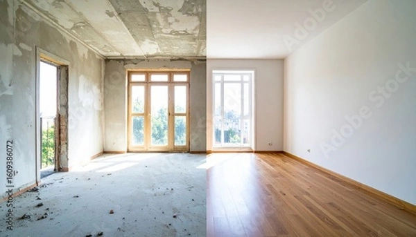 Obraz Split-view image showing a room half in rough, unfinished condition and half fully renovated with wooden flooring and painted walls.