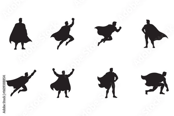 Obraz Superhero silhouette set, collection of powerful hero characters with capes in various dynamic action poses like flying and standing