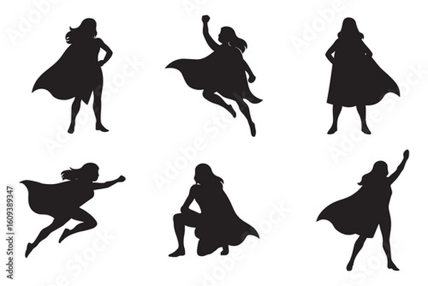 Fototapeta Superhero woman silhouette set, collection of a female hero with a cape in various powerful and flying poses for concepts of strength and empowerment
