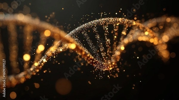 Fototapeta A glowing, abstract representation of a DNA double helix strand composed of golden particles on a dark background.