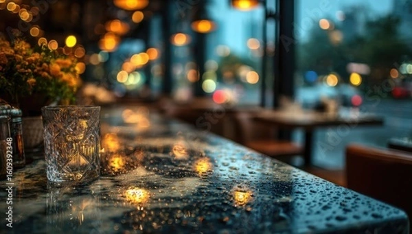 Fototapeta Wet marble tabletop with a crystal glass in a dimly lit restaurant on a rainy night, creating a moody, romantic, and atmospheric dining scene.