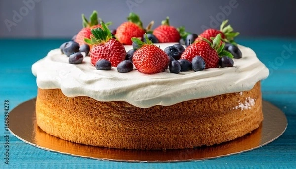 Obraz delicious cake with frosting cream and ripe berries