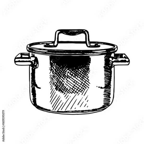 Fototapeta Vector hand drawn icon. Metal pot with lid. Isolated on white background. Cooking pot icon.