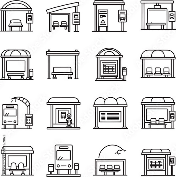 Obraz Bus stop icon pack with detailed outlines, clean and transparent backgrounds. Generative AI