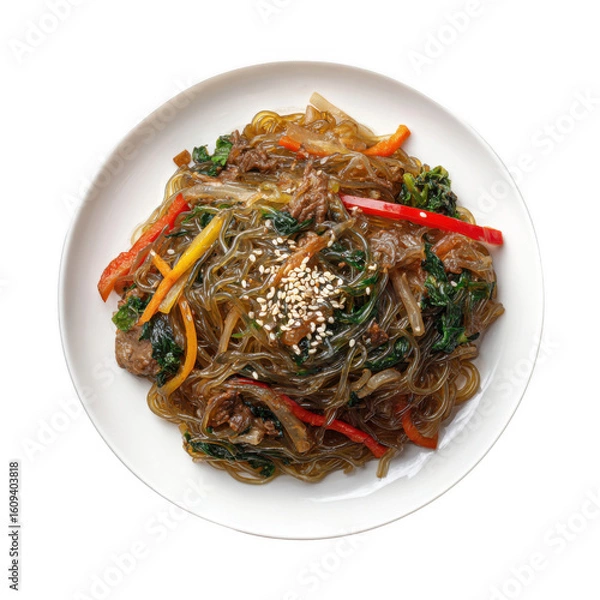 Fototapeta A plate of japchae korean food top view with [Transparent Background PNG].