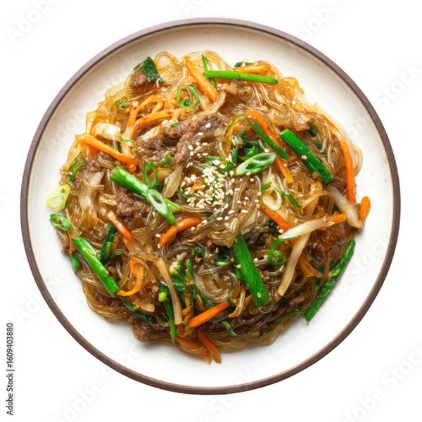 Fototapeta A plate of japchae korean food top view with [Transparent Background PNG].