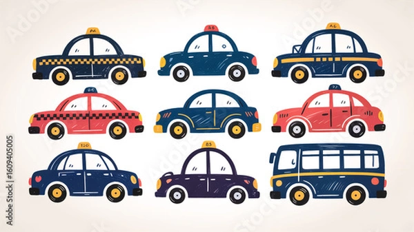 Fototapeta A set of 8 simple, hand-drawn cartoon cars arranged in two rows against a white background. The cars are rendered in a sketchy style with black outlines and colored in navy blue with red accents. .