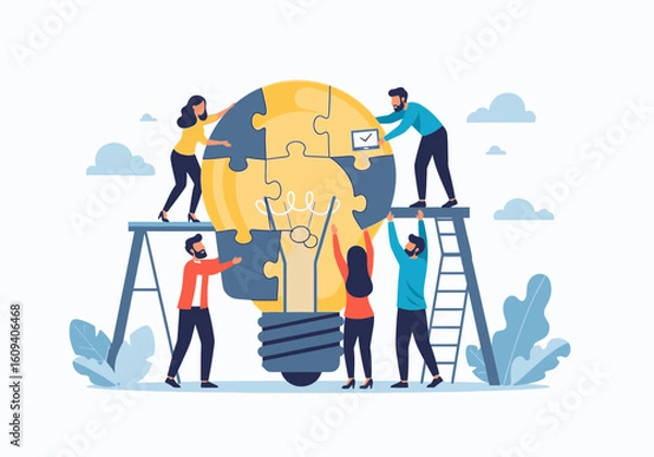 Fototapeta Teamwork unites to assemble a lightbulb, symbolizing collaborative innovation.