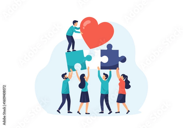 Fototapeta A team of people working together to build a heart-shaped puzzle.