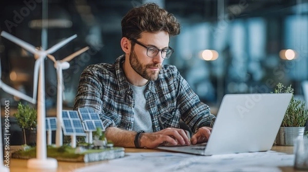 Fototapeta A focused man works on a laptop in an office with renewable energy models, including wind turbines and solar panels, highlighting sustainable technology and innovation.