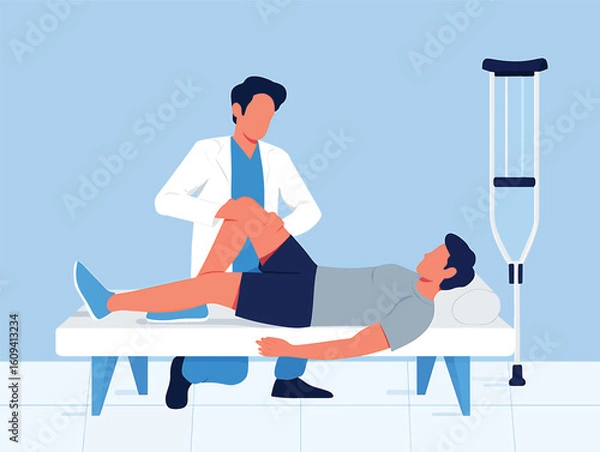 Fototapeta Physiotherapist examining a patient's injured knee during a rehabilitation session vector illustration