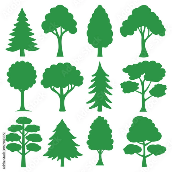 Obraz Collection of diverse green tree silhouettes perfect for nature designs and environmental projects