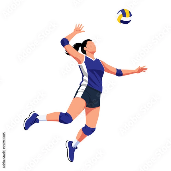 Fototapeta A dynamic vector of a female volleyball player captured mid-air as she jumps to spike the ball. This athletic illustration highlights power and motion, isolated on a white background.