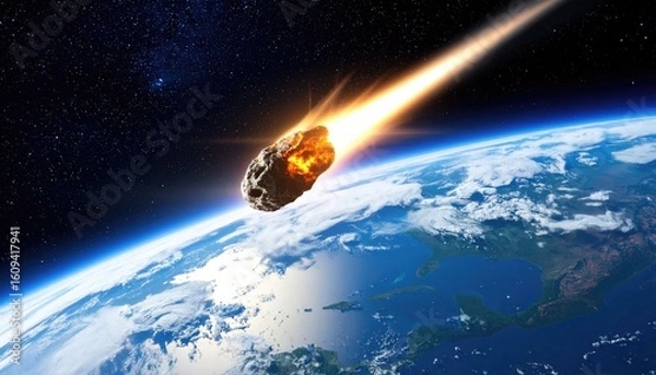 Fototapeta Dramatic Asteroid Approaching Earth with Fiery Tail in Space