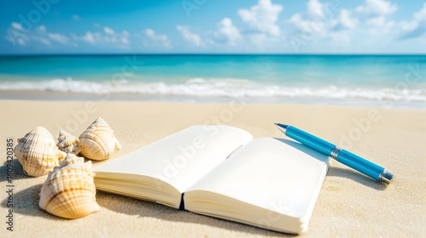 Fototapeta Notebook and pen placed on the sand near shells while waves crash on a sunny beach