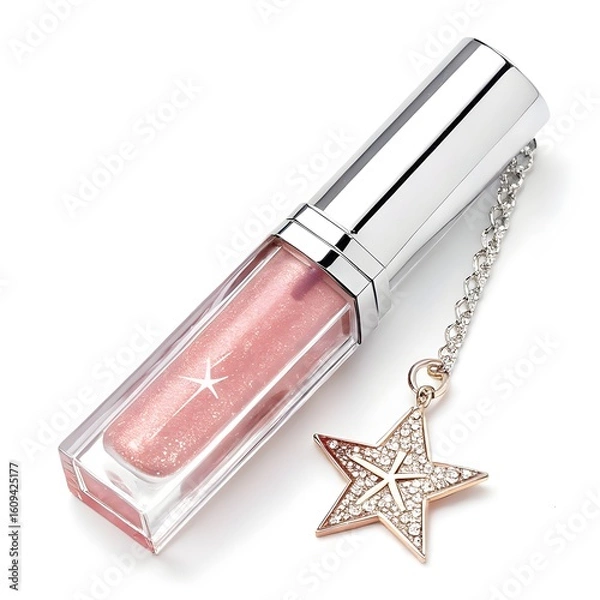 Fototapeta A pink lip gloss with a silver cap and a star shaped charm attached to a silver chain on white background