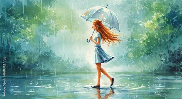 Obraz 雨の日に透明な傘をさして歩く少女の水彩画