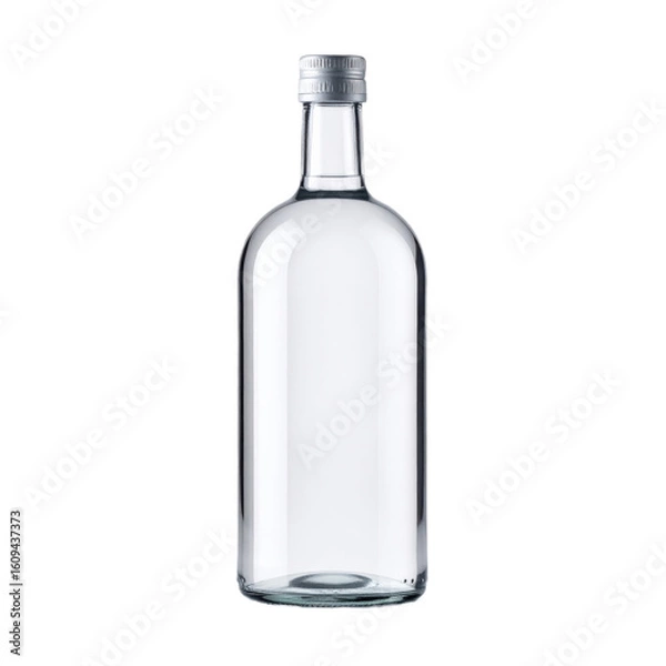 Obraz A clear, empty glass bottle with a metal screw cap on a transparent background, perfect for various liquid products.