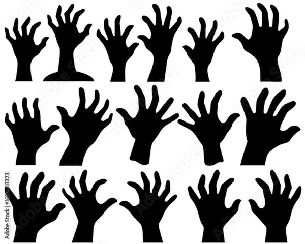 Fototapeta Set of thirteen black Halloween hand silhouettes in various spooky poses