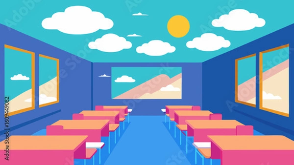 Fototapeta Surreal Daydream Style Empty Classroom with Clouds