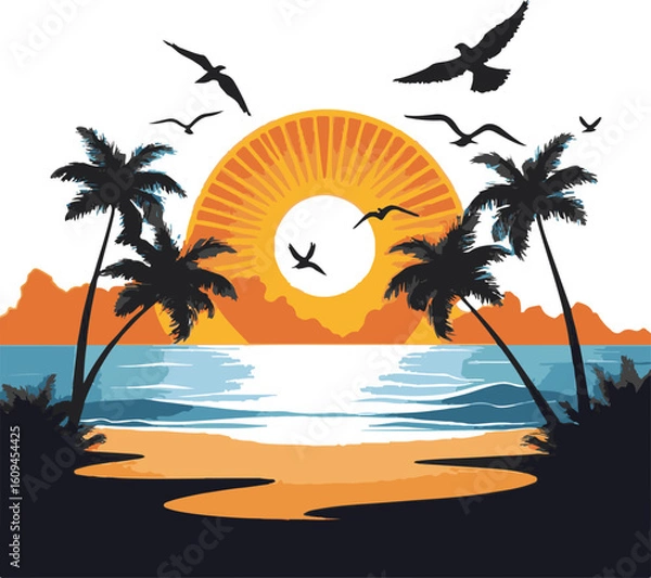 Fototapeta Vibrant Tropical Sunset Beach Landscape with Palm Tree Silhouettes, Ocean Reflection, and Flying Birds
