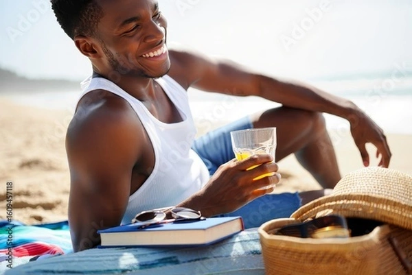 Fototapeta Handsome african american man relaxing on beach with juice book and sunglasses summer