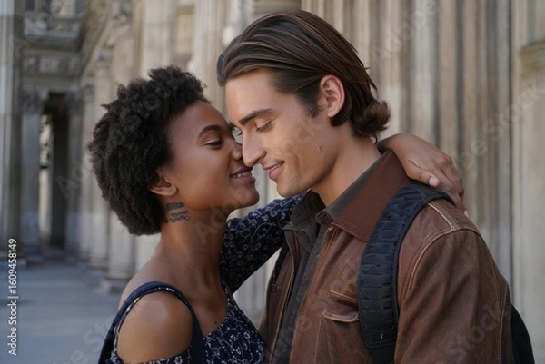 Fototapeta Romantic couple embracing on a travel adventure with backpack and architectural backdrop
