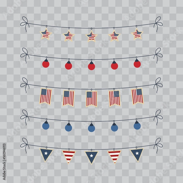 Fototapeta A set of design elements for Independence Day. 4th of July Objects, Element. Vector illustration isolated on transparent checkered.