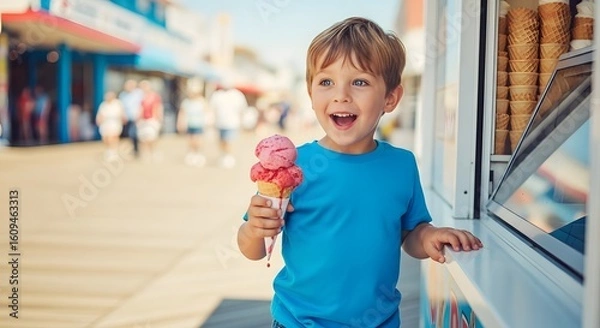 Obraz A young boy, wearing a blue shirt, smiles brightly while holding a double scoop of pink ice cream in a cone on a sunny boardwalk.