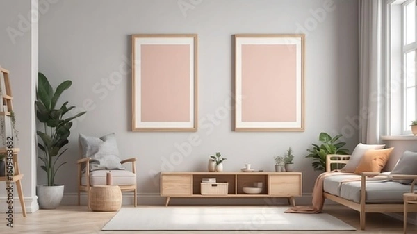 Fototapeta Modern interior design element mockup, 3d photo. Mockup frame image, poster empty close up in home design.