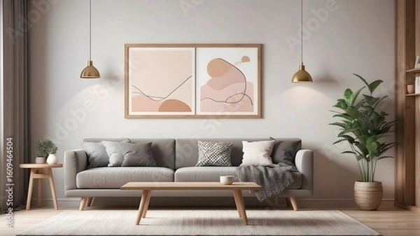 Fototapeta Boho style interior. living room. Frame mockup. Poster mockup. 3d rendering, 3d illustration 