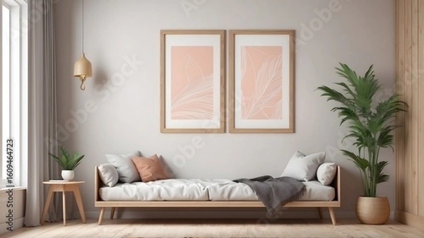 Fototapeta Frame on wall mockup, in cozy simple living room poster wood in empty picture, farmhouse and country style element interior in illustration 3d stock photo. A modern, minimalist interior 