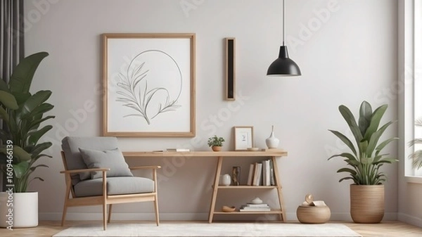 Fototapeta Minimalist livinig room with modern furnitures. Mock up poster frame in Scandinavian style interior. 3D illustration 