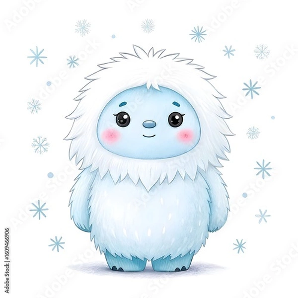 Fototapeta Cute fluffy yeti character with snowflakes