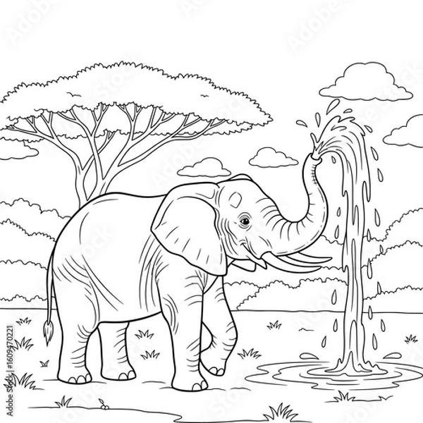 Obraz Playful Elephant Spraying Water from Trunk — Cute Cartoon Line Art Drawing for Kids Coloring Book Featuring Wildlife in Savannah