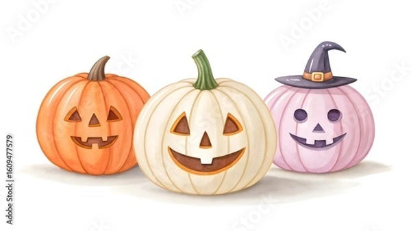 Fototapeta Three carved halloween pumpkins with smiling faces on white background
