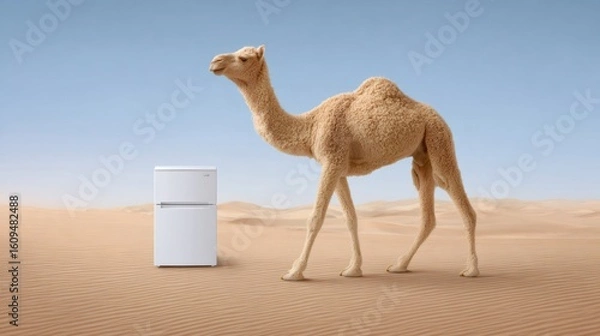 Fototapeta Camel walking in desert near white refrigerator, thirst, climate change, and conservation