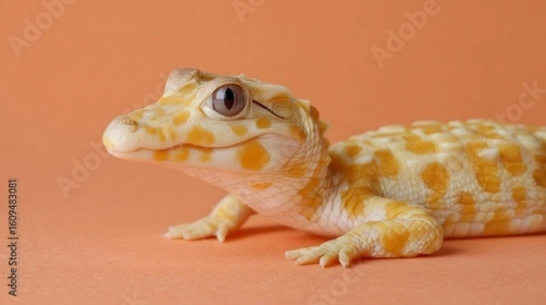 Fototapeta Albino crocodile hatchling resting on an orange background