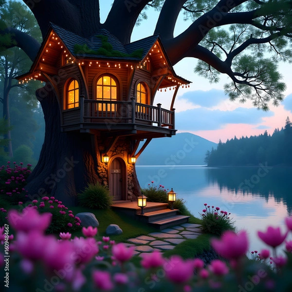 Obraz Charming Treehouse with Warm Lights – Peaceful Forest Escape