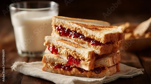 Fototapeta Stacked peanut butter and jelly sandwiches sit on a napkin next to a glass of milk. Shows comfort food. Use for marketing, design, editorial, and web use.