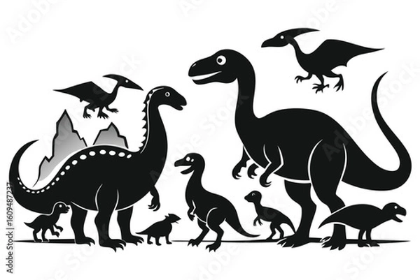 Fototapeta Silhouette of a family of dinosaurs with a prehistoric landscape background