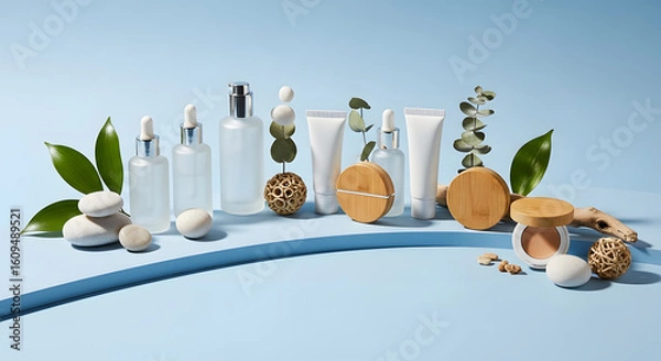 Obraz Elegant display of sustainable beauty and skincare products on a serene blue background promoting