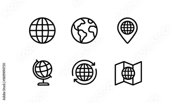 Fototapeta Simple black line icons of globes and maps for web and app design