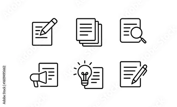 Fototapeta Minimalist document icons: writing, research, and ideas in linear style