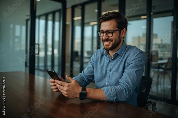 Fototapeta An upbeat young professional smiling while reviewing a phone at his office during workday Modern