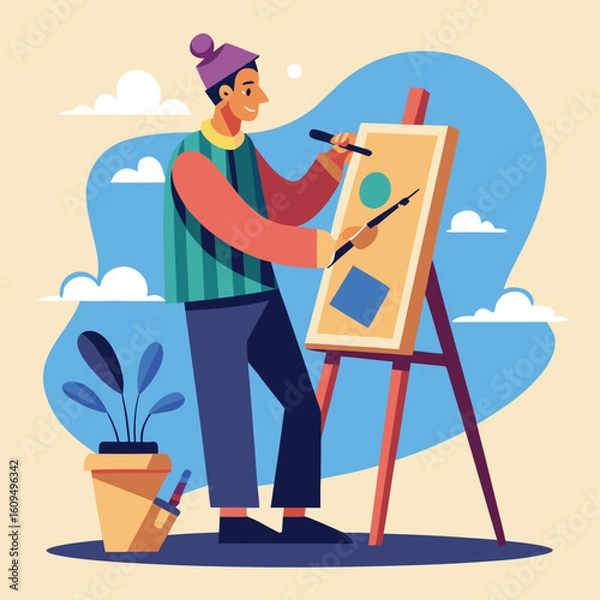 Fototapeta Artist painting abstract shapes on canvas easel brush