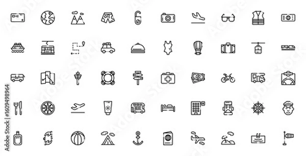 Fototapeta Travel icon set. Minimal vector illustration. Includes symbols for airplane, passport, suitcase, beach, credit card, hotel, map, compass, bus, train and more. Editable stroke design.