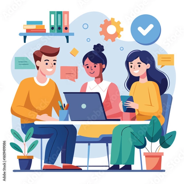 Fototapeta Diverse team collaborating on project using laptop and phone teamwork collaboration