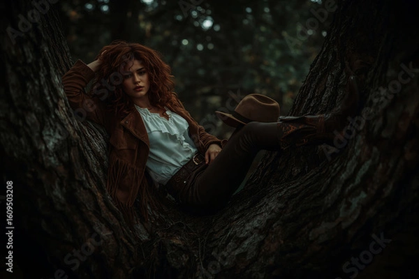 Fototapeta A redhead cowgirl resting in a tree lost in thought feeling serene and contemplative in dark forest