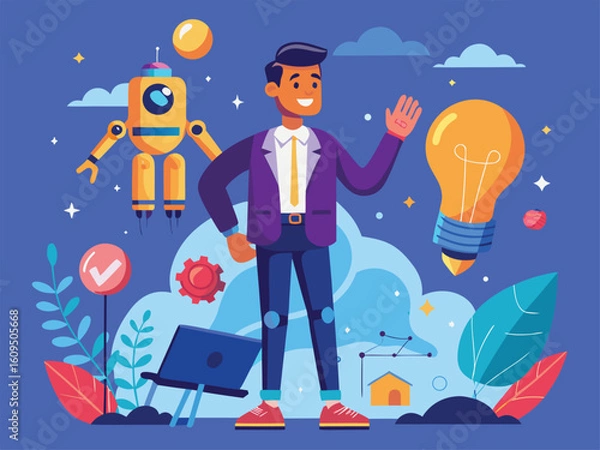 Fototapeta Man robot lightbulb innovation concept technology